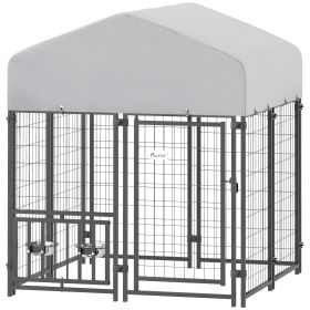 Welded Wire Outdoor Dog Kennel with 360Â° Rotating & 4 Levels Adjustable Bowls, Waterproof Cover, 3.9' x 3.9' x 4