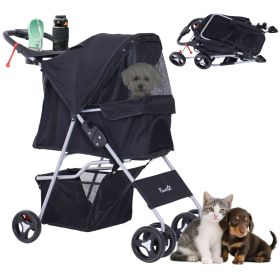 Dog Stroller, One-click Folding Pet Stroller with Cup Holder, 4 Wheels Travel Carrier w/ Brakes, 360Â° Swiveling Front Wheels, Storage Basket