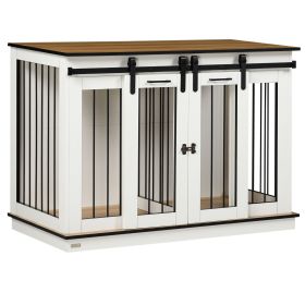 47in Dog Crate Furniture with Divider Panel, Wooden Dog Kennel TV Stand for Large Breeds, Pet House Side Table for 2 Small Breeds with 2 Rooms Design