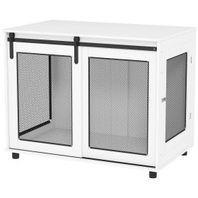 39" Dog Crate Furniture with Sliding Barn Door, Furniture Style Dog Cage End Table for Large Dogs, White