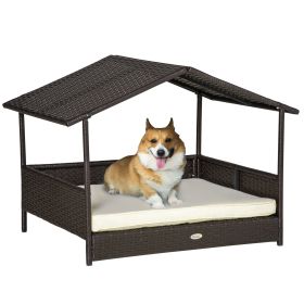 PawHut Wicker Dog Bed Outdoor Elevated with Rattan Canopy Cushioned PE Rattan Dog Cat House Sleeping Pad (Color: Cream)