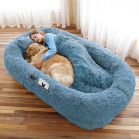 Human Dog Bed, Large Size Fits You and Pets, Washable Faux Fur Dog Bed for People Doze Off, Napping Orthopedic Dog Bed, Present Plump Pillow, Blanket (Color: NAVY, Size: 6XL(71"L x 45"W x 12"Th))