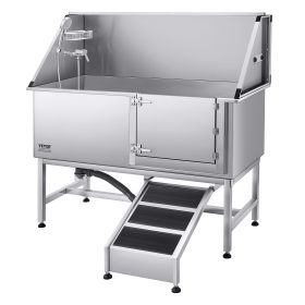VEVOR Stainless Steel Dog Washing Station, 62 inch Pet Grooming Tub w/ Ramp, PE Water Filter Board (Size/Ramp or Stairs/Door Opening Method: 62 inch/Ramp/Right)