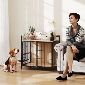 30 Inch Dog Crate Furniture, Indoor Pet Kennel Side Table With Rotatable Bowls, 2 Anti-Escape Doors, For M Dogs, Oak (Color: Oak)