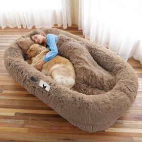 Human Dog Bed, Large Size Fits You and Pets, Washable Faux Fur Dog Bed for People Doze Off, Napping Orthopedic Dog Bed, Present Plump Pillow, Blanket (Color: Khaki, Size: 6XL(71"L x 45"W x 12"Th))