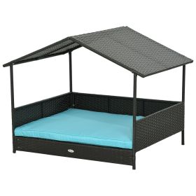 Outdoor Dog House Wicker Dog Bed with Soft Cushion Washable Cover, for Medium Large Dogs Indoor Outdoor (Color: Blue, Size: Medium Large)