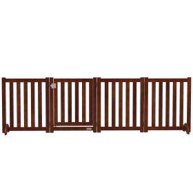 Foldable Dog Gate with Door, 4 Panels Fressstanding Pet Gate (Color: Brown)